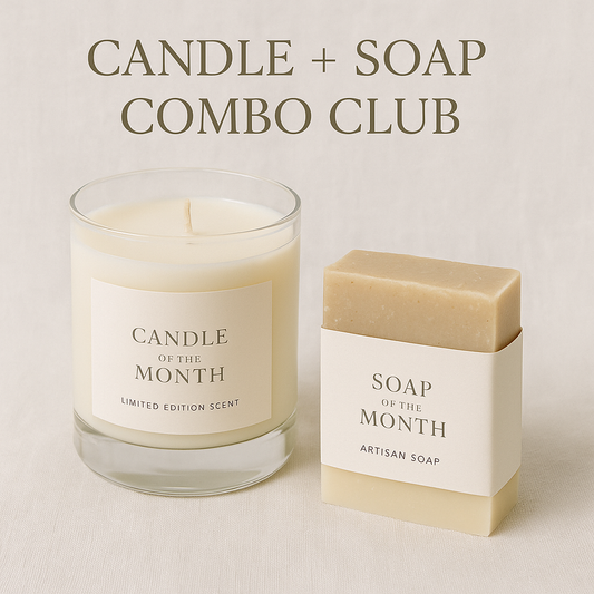 Candle and soap with 'Candle + Soap Combo Club' text on a light background