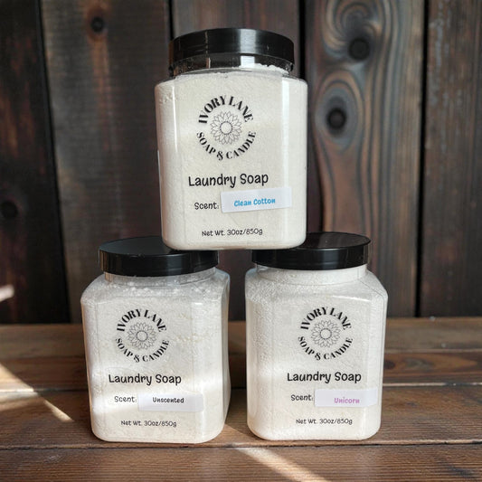 Three jars of Ivory Lane Soaps & Candle laundry soap on a wooden surface with a wooden background.