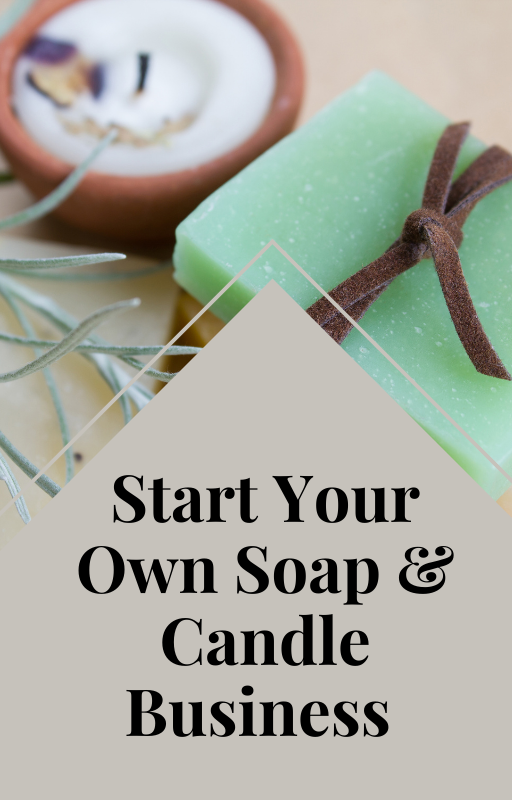 Green soap bar with brown twine, candle, and rosemary on a light background with text overlay.